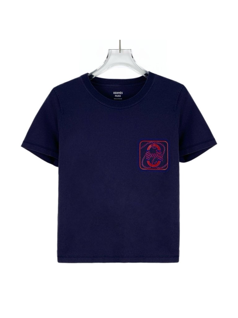Herms Dark Navy Lock Print Cotton Crew Neck Short-Sleeve T-Shirt